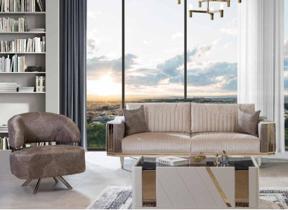 Modern Living room Suite Designer Beige Three Seater Armchair Coffee table