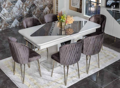 Designer White Dining table x6 Dark Purple Textile Chairs Dining room Suite