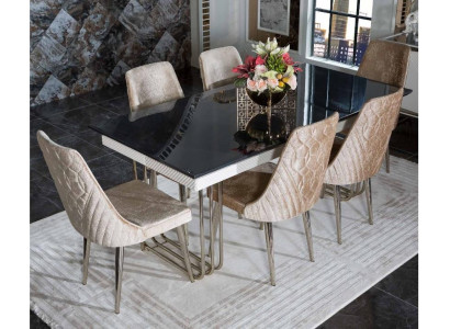 Black -White Dining room Glass Table Designer Textile Chairs Dining room furniture