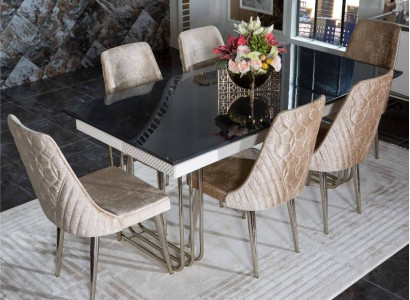 Black -White Dining room Glass Table Designer Textile Chairs Dining room furniture