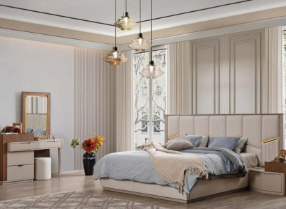 Beige Bedroom Suite Luxurious upholstered beds Bedside tables Wardrobe