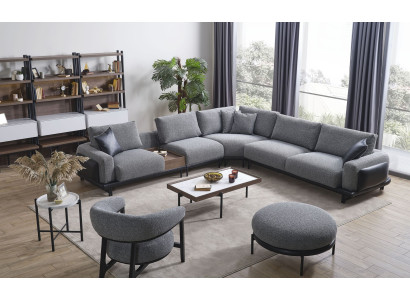 Gray Living room Suite Luxury Corner sofa L-shape Couch Coffee table Stool