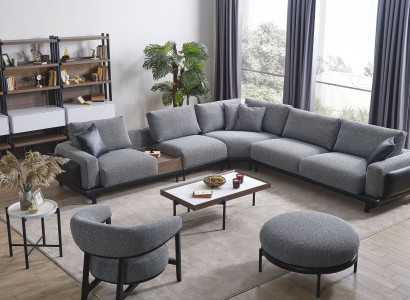 Gray Living room Suite Luxury Corner sofa L-shape Couch Coffee table Stool