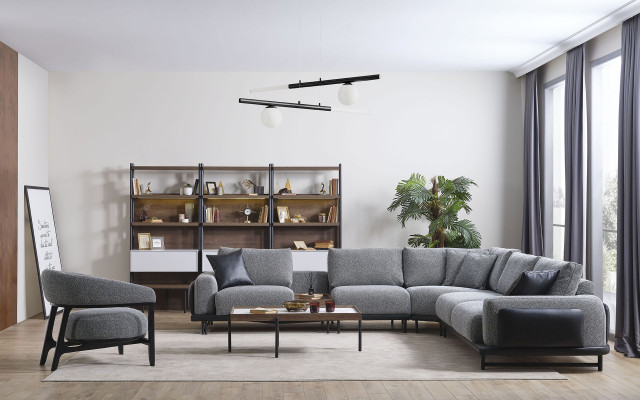 Gray living room set L-shape sofa designer upholstered armchair coffee table