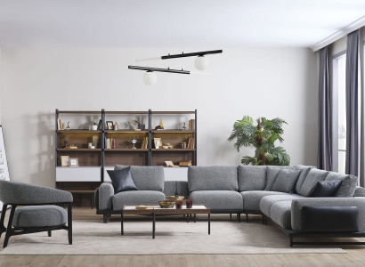 Gray living room set L-shape sofa designer upholstered armchair coffee table