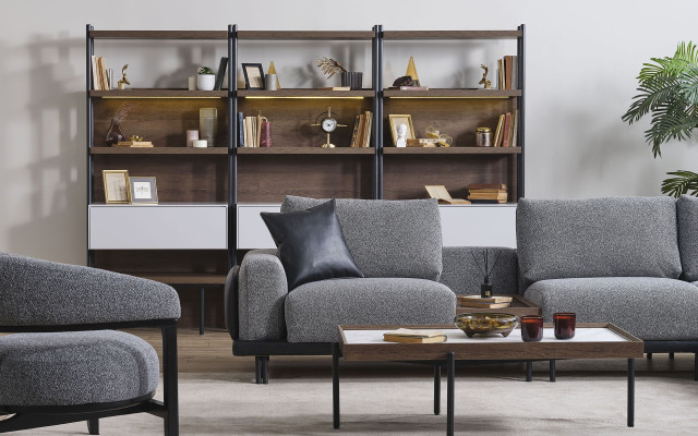 Gray living room set L-shape sofa designer upholstered armchair coffee table