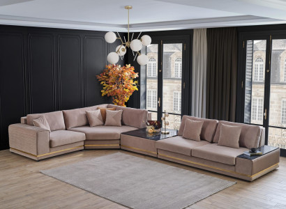 Beige L-shape Sofa Stylish Living landscape Designer Couch Upholstered furniture