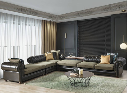 Green-black Living room Chesterfield L-shape Sofa Upholstery Couches new