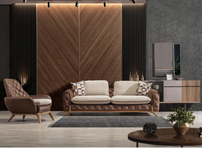 Stylish Brown Leather Living room Suite Designer 3-Seater Armchair 2pcs