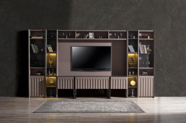 Luxurious Brown Wall unit Stylish Living room Wood Furniture Elegant Shelves