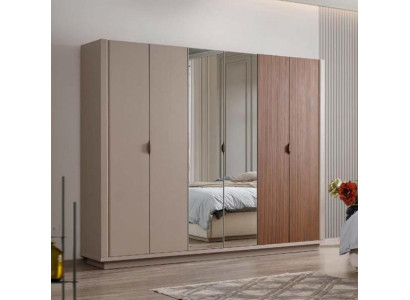 Beige Wardrobe Bedroom Cabinets Glass Doors 6 Door Wardrobe