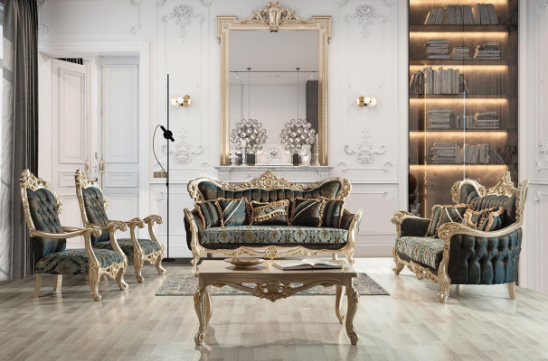 Sofa set Sofa Couch Baroque Rococo Set Coffee table Turkis 5 pieces. gold