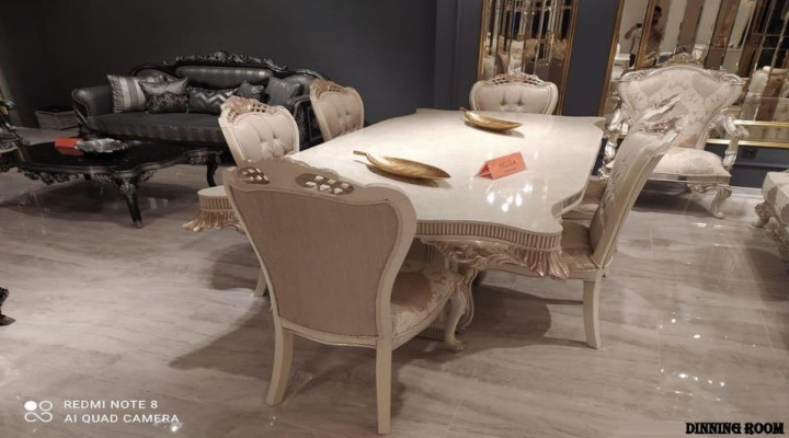 Ivory Dining room set Elegant Classic Dining table with x6 Upholstery Chesterfield chairs