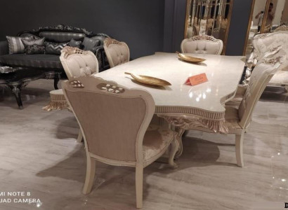 Ivory Dining room set Elegant Classic Dining table with x6 Upholstery Chesterfield chairs