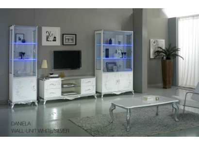 Wall unit Living room -Set Display case Lowboard Wall shelf TV Table White -Silver 3 pcs.