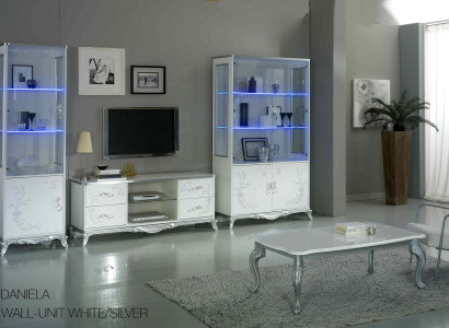 Wall unit Living room -Set Display case Lowboard Wall shelf TV Table White -Silver 3 pcs.
