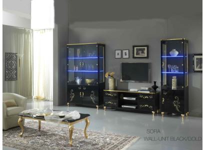 Wall unit Living room Set Display case Lowboard Wall shelf 3-piece set Black wall units