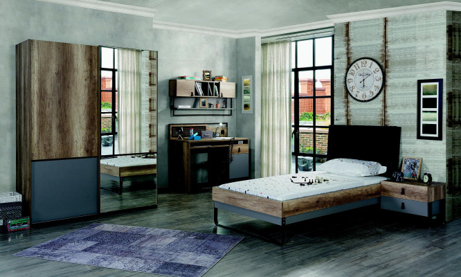 Modern youth room set Bed Bedside table Table Bedroom Wall shelf 6 pieces.