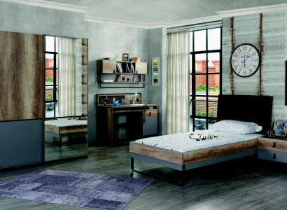 Modern youth room set Bed Bedside table Table Bedroom Wall shelf 6 pieces.
