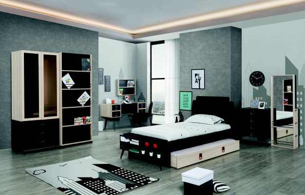 Modern youth room set Bed Bedside table Wardrobe Wall shelf Black 6 pieces.