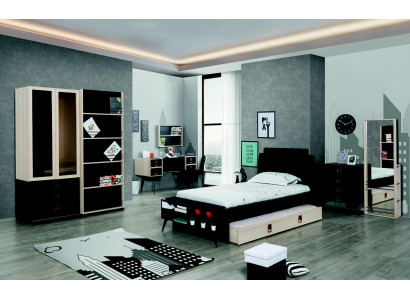 Modern youth room set Bed Bedside table Wardrobe Wall shelf Black 6 pieces.