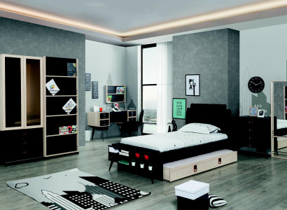 Modern youth room set Bed Bedside table Wardrobe Wall shelf Black 6 pieces.