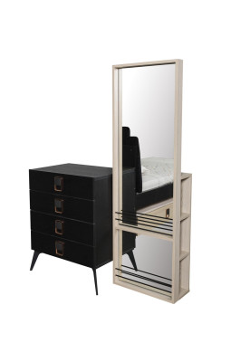 Modern youth room set Bed Bedside table Wardrobe Wall shelf Black 6 pieces.