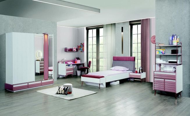 Childrens room Set 7pcs Luxury Bed Bedside table Chest of drawers Wardrobe Wall shelf