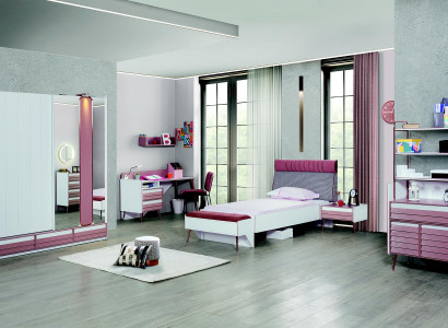 Childrens room Set 7pcs Luxury Bed Bedside table Chest of drawers Wardrobe Wall shelf