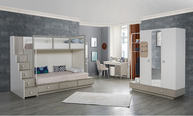 Childrens room Bedroom Set Wood Furniture Bunk bed Loft bed Table 3pcs