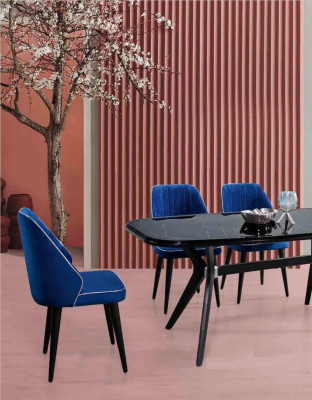 Blue upholstered chair with black wooden legs for dining room light model