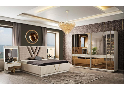 Bedroom 4 pcs. Set Upholstery Bed 2x Bedside tables Wardrobe Luxury