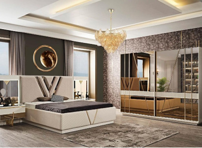 Bedroom 4 pcs. Set Upholstery Bed 2x Bedside tables Wardrobe Luxury