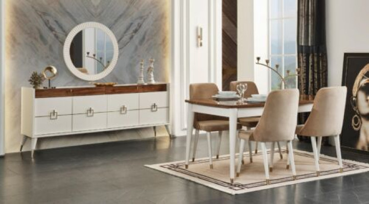 Complete Suite 6x Chairs Set 9pcs. Dining table White Dining room Wood new