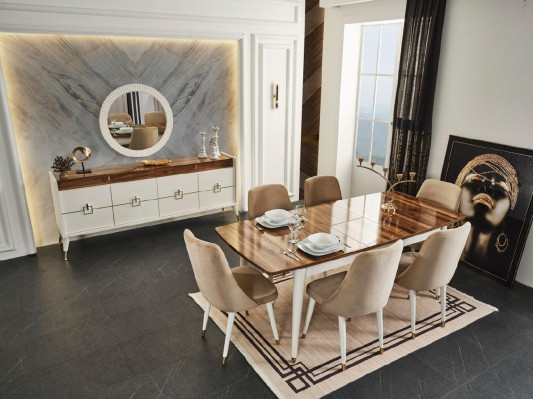 Complete Suite 6x Chairs Set 9pcs. Dining table White Dining room Wood new