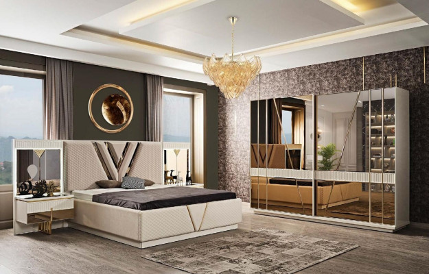 Bed 2x Bedside tables 3-piece bedroom set design luxury bedroom