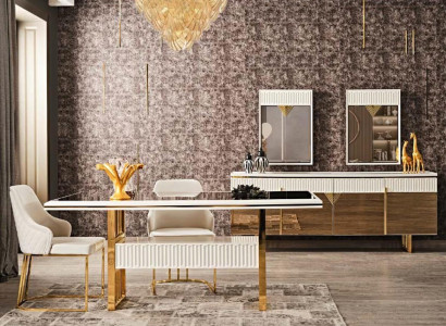 Modern Dining room Set White 2x Chairs Luxury Dining table Elegant stainless steel 3pcs.