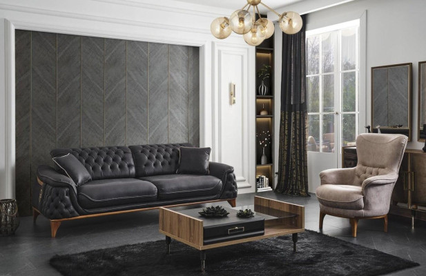 Sofa 3 Seater Upholstered Sofa Black Leather Seat Design Couch Modern