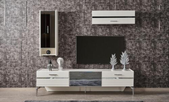 Wall unit Group TV-cabinet Lowboard wall cabinet White Living room Set 3 pieces