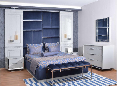Design Group Bedroom Double bed Bed Bedside tables Set 7pcs Blue