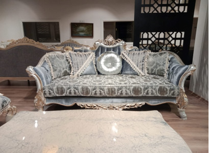 Three Seater Sofa 3 Blue Carved Legs Silver Tone Chesterfield Couches