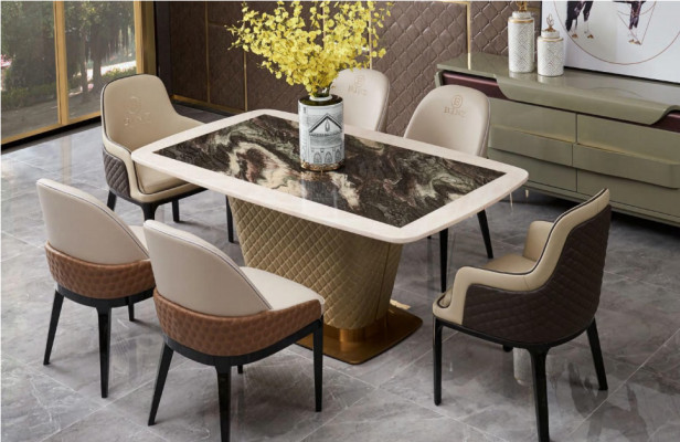 Table Dining room Suite Dining table Chair Set 7 pieces. Leather stainless steel back chairs