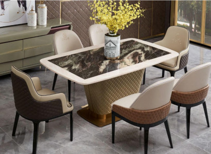 Table Dining room Suite Dining table Chair Set 7 pieces. Leather stainless steel back chairs
