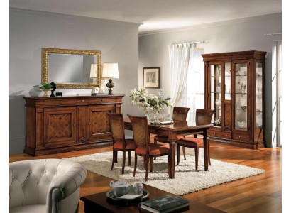 Dining room Dining table Chairs Chest of drawers Display case Group Suite Wood Brown 7 pcs. set