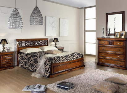 Complete Bedroom Set Wood Brown Bed 2x Bedside table Chest of drawers Mirror new