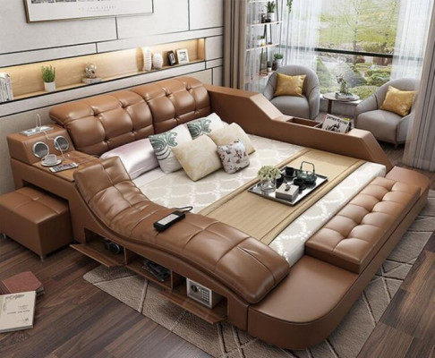Double Luxury Leather Bed + USB Upholstery Beds Modern Hotel Multifunction massage