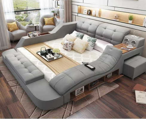 Double Luxury Leather Bed + USB Upholstery Beds Modern Hotel Multifunction massage