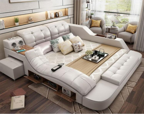 Double Luxury Leather Bed + USB Upholstery Beds Modern Hotel Multifunction massage