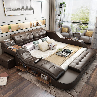 Double Luxury Leather Bed + USB Upholstery Beds Modern Hotel Multifunction massage