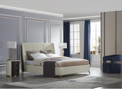 Design Bedroom Set 3 pieces. Leather Bed + 2x Bedside table Modern Luxury Beds